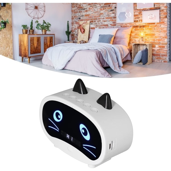 Digital väckarklocka-högtalare, tecknad kattväckarklocka med temperaturdisplay, dubbel väckarklocka, Bluetooth högtalarradio, handsfree-samtal för sovrum med