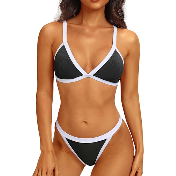 WJSM Dam Triangle Bikini Set Halter Tvådelad Sexig Baddräkt String Slipsida Baddräkt Black White L