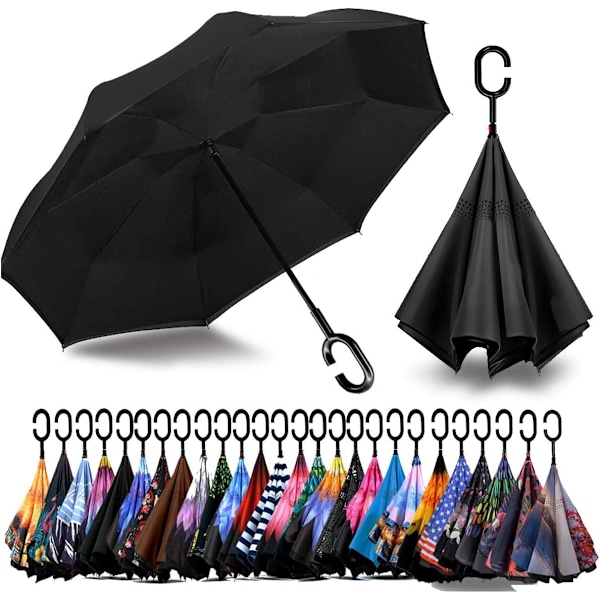 49 tommers omvendt paraply med dobbel baldakin, ekstra stor, vindtett, vanntett paraply med C-formet håndtak. Black 49 Inch