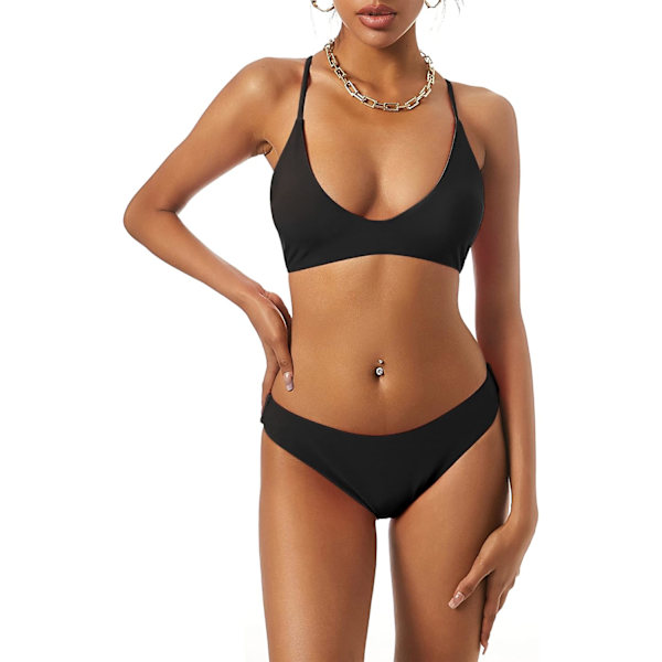 WJSM Kvinnors Tie Back Vadderad Hög Skuren Bralette Bikini Set Två Delar Baddräkt 1-black M
