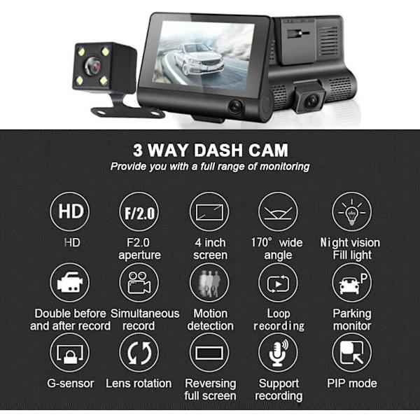 Dashcam, Dashcam fram och bak, 4 tums dashkamera för bilar, 1080P, 170° vidvinkel, nattseende WDR G-sensor parkeringsövervakning loopinspelning Mot