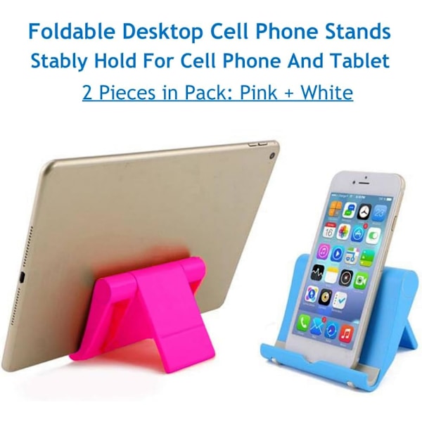 Mobiltelefonholder til skrivebord 2-pak Mobiltelefonholdere Desktop Tablet Stand, Foldbar telefonholder Universal justerbar Tablet Stand til skrivebord White+Pink