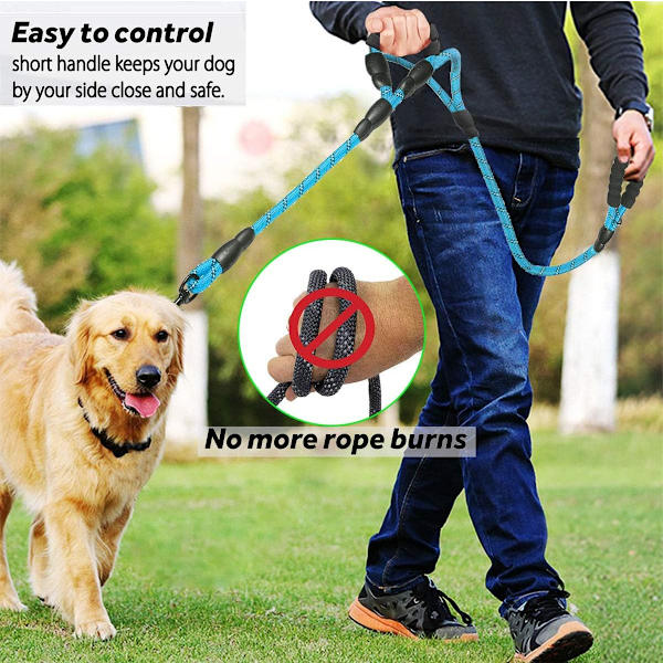 Hundehalsbånd, 5 FT Heavy Duty Dobbelthåndtak Hundekobbel med Komfortabel Polstret og Reflekterende, Tau Hundekobbel for Små, Mellomstore, Store Hunder (Tau-Blå) Blue Large,Medium,Small