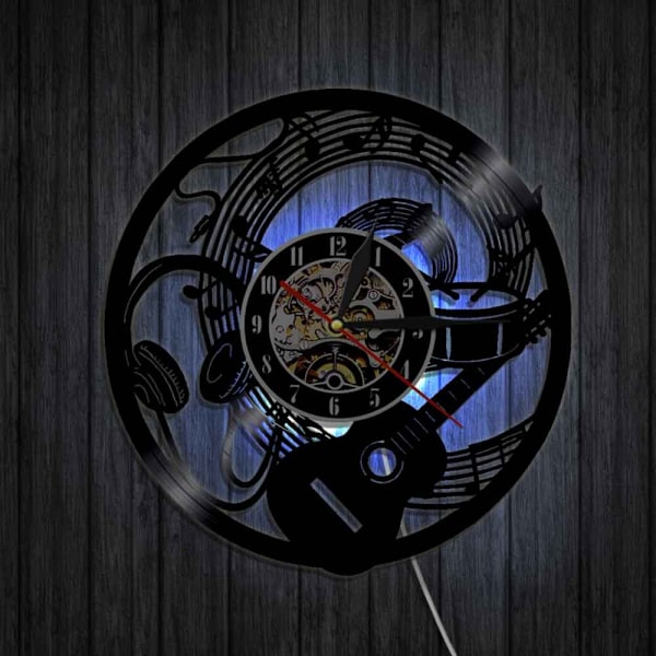 Musikvynil väggklocka - Gitarrhörlurar mönster LED-ljus väggklocka - Vinylklocka - Vardagsrumsväggdekor - Unika presenter till musikälskare