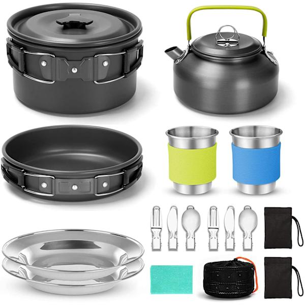 15-delars camping-kokkärlsset, non-stick lättviktsgryta, stekpanna, kittelset med rostfria stålkoppar, tallrikar, gafflar, knivar, skedar för camping, ryggsäck