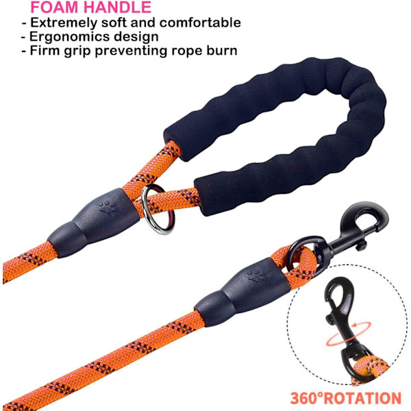 Hundehalsbånd, 5 FT Heavy Duty Dobbelthåndtak Hundehalsbånd med Komfortabel Polstret og Reflekterende, Tau Hundehalsbånd for Små, Mellomstore, Store Hunder (Tau-Oransje) Orange Large,Medium,Small