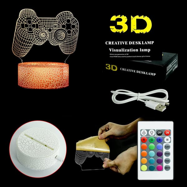 Gamepad 3D Illusionslampe, 3D nattlys for gutter med fjernkontroll USB-kabel fargeendrende lys for seng stue spillrom
