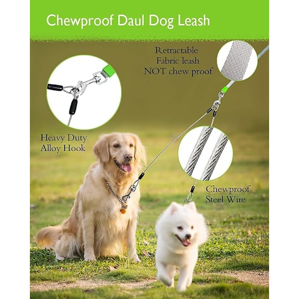 Heavy Duty Indtrækkelig Hundeline med 2 Tyggefaste Wire Reb, 16FT Lange Liner 360 Grader Knæfrie til 2 Hunde, Dobbelt Hundeline til Små/Mellemstore/Store Hunde Green L Large