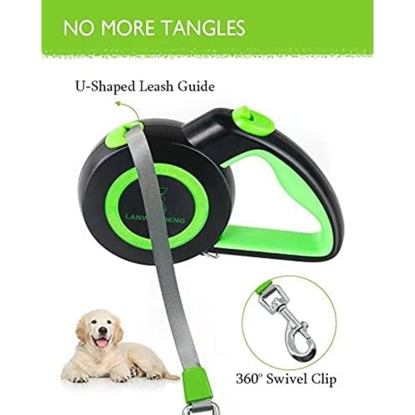 Bidsikre trækbar hundeline med 2 kraftige tyggefaste stålwirer, 16FT liner 360° knudrefri til 2 hunde, dobbelt hundeline til små/mellemstore/ Green M Medium