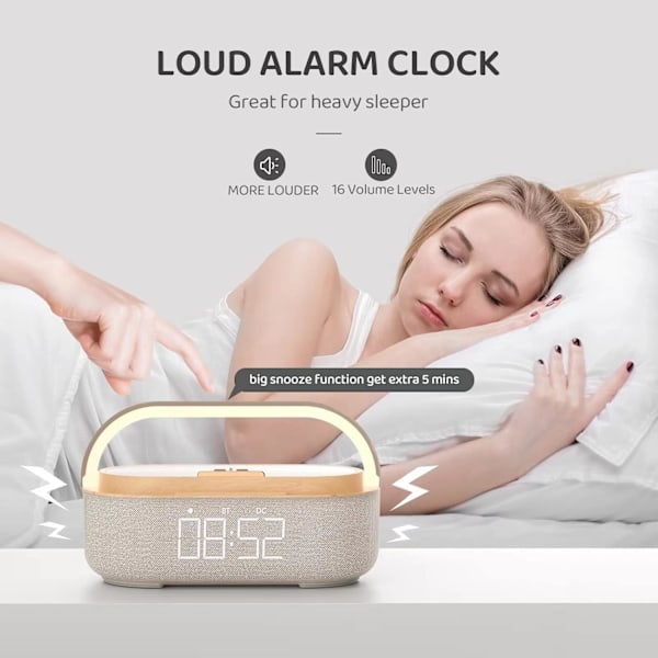 Bluetooth-högtalarväckarklocka med trådlös laddare, LED-nattlampa, 2500 mAh batteri - för sovrum, hem