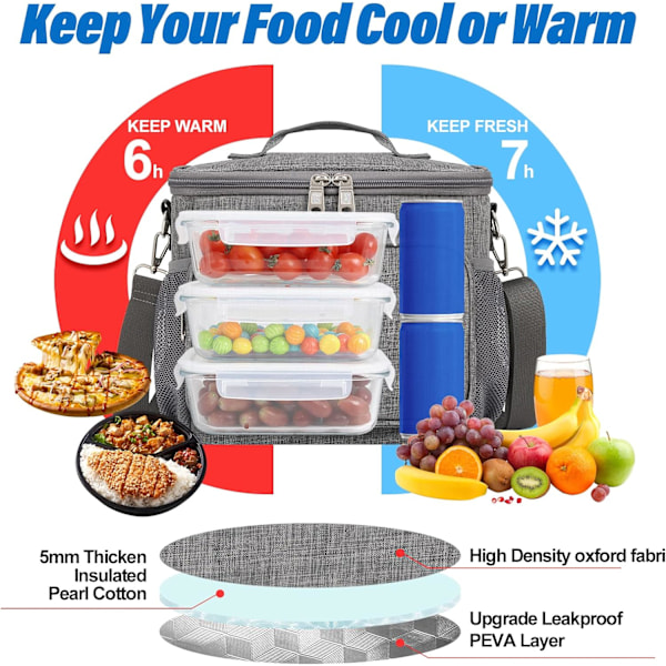 Lunchväska för kvinnor/män, isolerad lunchkylväska för vuxna, hopfällbar läckagesäker lunchväska med justerbar axelrem för arbete kontor picknick B Gray Medium