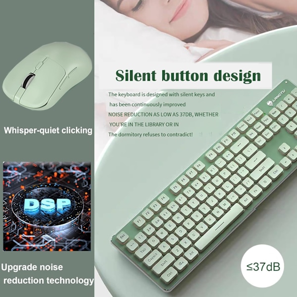 Bakgrundsbelyst Trådlöst Tangentbord och Mus, Tyst Inmatning, Sömnläge, 2.4G Laddningsbart Datortangentbord och Optisk Musuppsättning för Laptop PC Green+warm light