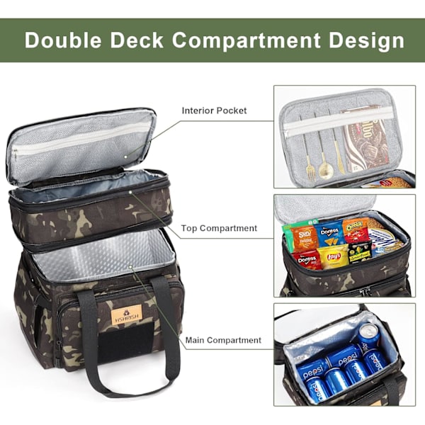 Taktisk lunchlåda, stor expanderbar isolerad lunchväska, hållbar vattentät läckagesäker kylväska för vuxna/män/kvinnor/arbets utomhus picknickresor, 20 Black Camo 15L