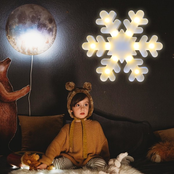 Snefnug Marquee Skilt Julelys, LED Natlys Bord & Væghængt Lampe til Soveværelse, Børneværelse, Vuggestue, Hjem, Hvid Snefnug