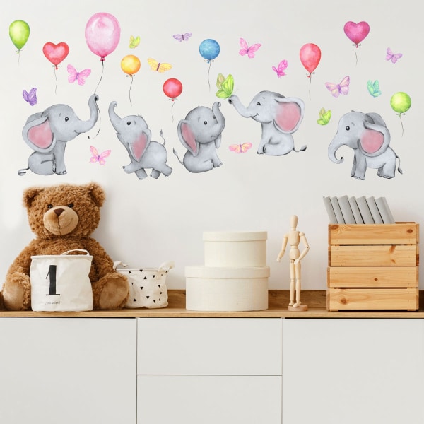 Väggdekor för vackra elefanter, färgglada tecknade väggdekorationer för fjärilar, avtagbara väggdekorationer för gör-det-själv för barns sovrum, heminredning