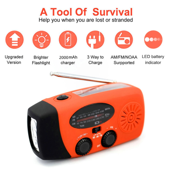 Multifunktionel solcelledrevet radio med håndsving, dynamo powerbank, AM/FM/NOAA vejrradio, LED lommelygte, lommelygte til udendørs overlevelse