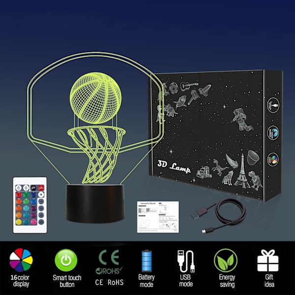 3D Basketboll Nattlampa Backboard Illusion Hoop Lampa för Barns Rum Hem X-mas Födelsedagspresenter för Pojke Man Vänner med 16 Färgförändringar Fjärrkontroll