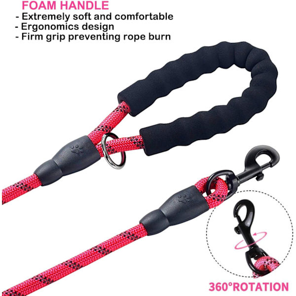 Hundehalsbånd, 5 FT Heavy Duty Dobbelthåndtak Hundeleie med Komfortabel Polstret og Reflekterende, Tau Hundeleier for Små, Mellomstore, Store Hunder (Tau-Rød) Red Large,Medium,Small