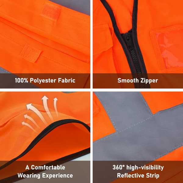 Turvaliivi taskuilla ja vetoketjulla, hyvin näkyvä suojavaate moneen ulkokäyttöön Orange-red