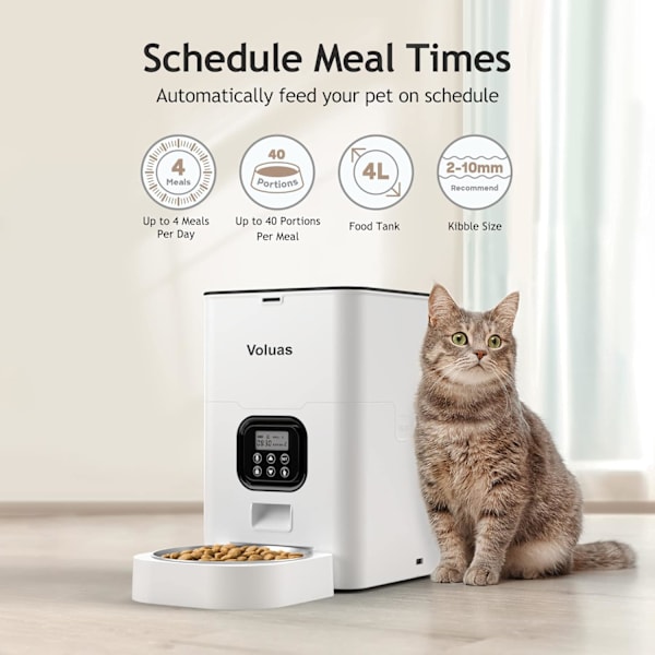 Automatiske kattefoderautomater - Tidsindstillet kæledyrsfoderautomat til katte og hunde med tør foderdispenser, tørremiddelpose, programmerbar portionskontrol, 4 daglige måltider, 10s White Opaque 4L