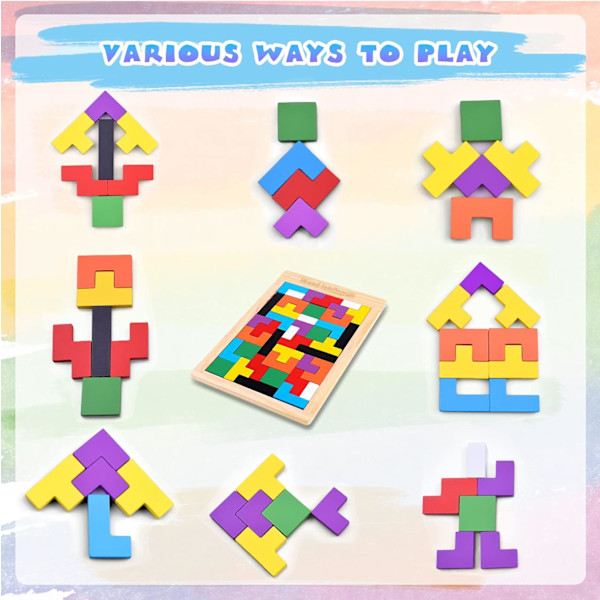 Träpussel för barn i åldrarna 4-8 8-10 Tjocka färgglada 3D-block och hjärnteaser Tangram Jigsaw Intelligensspel Pedagogisk gåva