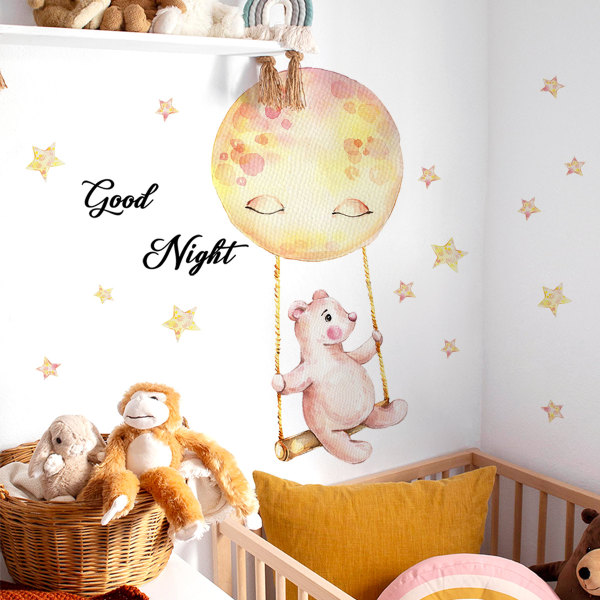 Cartoon Cute Bear Wall Decals,Removable Good Night Wall Sticker Mural for Kids Bedroom Playroom Decor