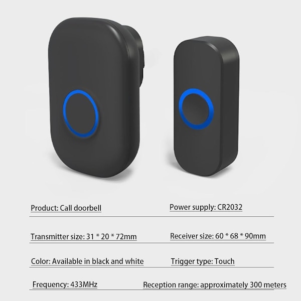 Trådløs dørklokke, LED-blits, 32 ringetoner og 4 volumnivåer, rekkevidde på 1000 fot, egnet for hjem, etc. (svart)