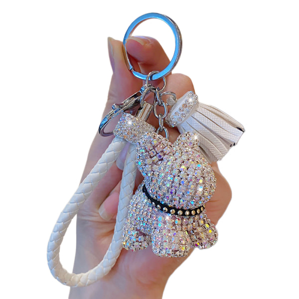 Flickor Fashionabla lyxiga diamantnallehängande nyckelringar läder tofs rep Rhinestone nyckelring (vit)