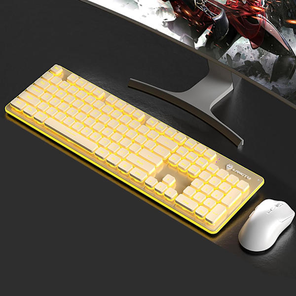 Bakgrundsbelyst Trådlöst Tangentbord och Mus, Tyst Inmatning, Sömnläge, 2.4G Laddningsbart Datortangentbord och Optisk Musuppsättning för Laptop PC Milky+warm light