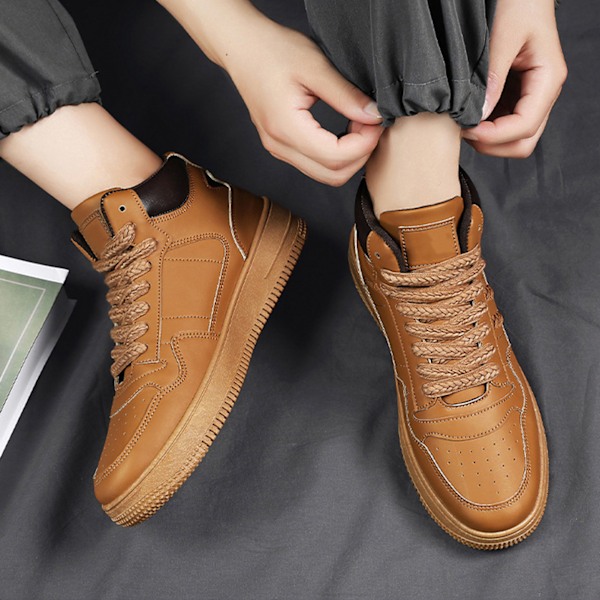 Herr High Top Skor Färgblock PU Läder Ovandel Gummisula Andningsbara Herr Sneaker Skor för Sport Basket Khaki 40