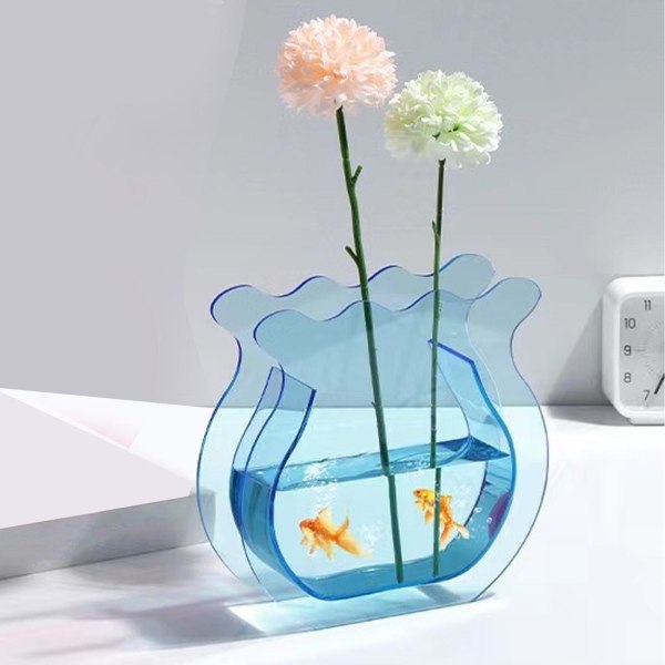 Fisketank Vase Transparent Fortykket Akryl Glatning Simpel Moderne Lille Fisketank til Familie Kontor Sovesal Transparent Blue