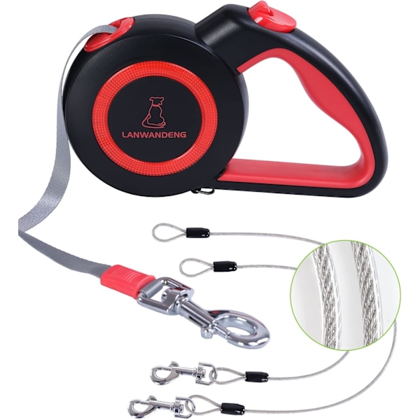 Bidsikre trækbar hundeline med 2 kraftige tyggefaste stålwirer, 16FT liner 360° knudrefri til 2 hunde, dobbelt hundeline til små/mellemstore/ Red M Medium