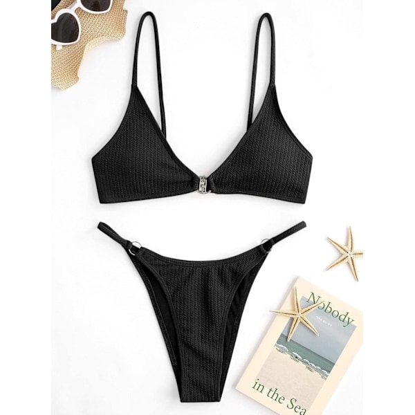 WJSM Dame Ribbet O-Ring String Bikini Badetøj Cheeky Thong Badetøj To Dele Badedragt 338-black S