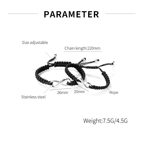 2PCS Rustfritt Stål 8 Infinity Par Armbånd Flettet Lær Tau Armbånd Justerbar Kjede Passer 7-9 Tommer for Elsker Vennskap