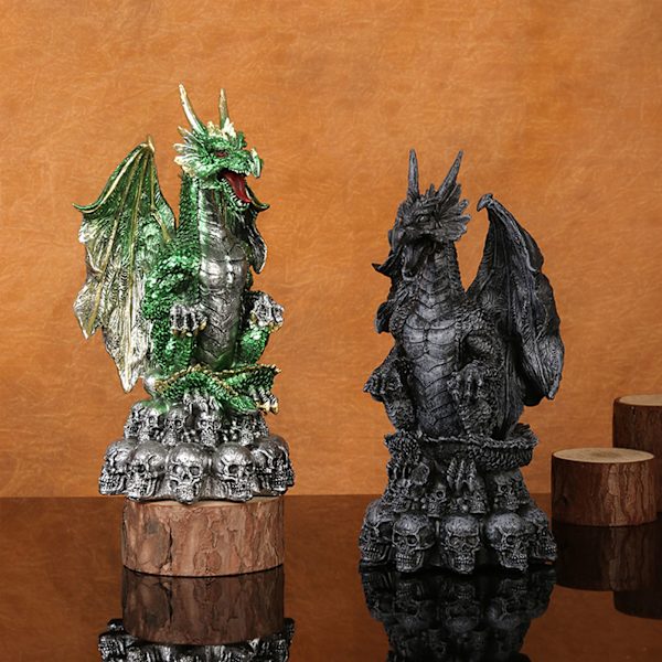 9,4 tommer høj gotisk drage julepynt Halloween indretning kraniebunke kampdrage figur statue ferie dekoration grøn
