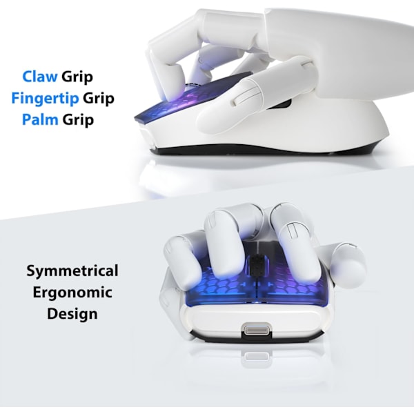 Trådlös Spelmus med Tri-lägen BT 5.1/2.4Ghz/USB-C, Lätt 49g, PAW3212 Optisk Sensor, Uppladdningsbart Batteri, RGB LED Bikake Mus Black White