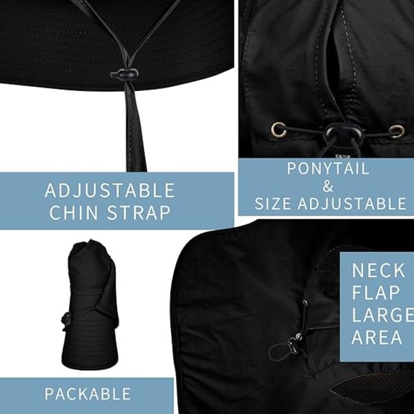Solhatt för män och kvinnor med nackskydd, UPF 50+ UV-skyddande vandringsfiskehattar, bredbrättad solhatt för kvinnor och män 1pack-black