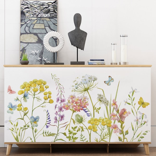Färgglada blommor väggdekaler, skala och sticka växter Blomgräs fjäril väggdekaler, DIY avtagbara väggkonst dekaler dekor