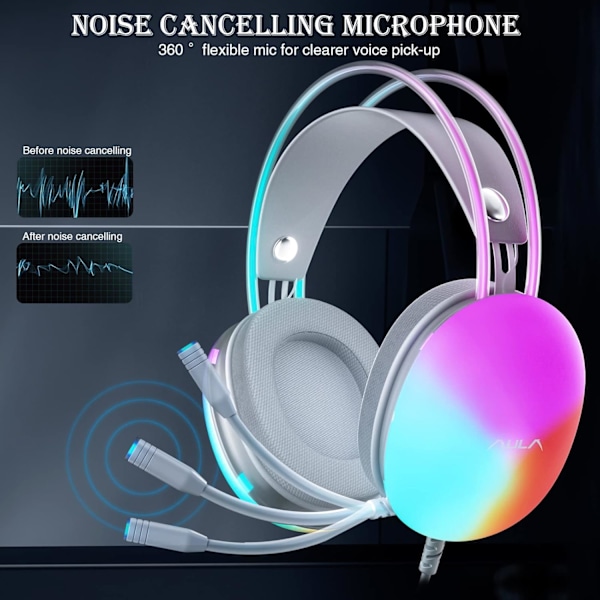 USB-spillsett for PC med mikrofon, RGB-regnbue bakgrunnsbelyst hodetelefon, virtuell 7.1 surroundlyd, 50 mm driver, myke minneskum øremuffer, kablet bærbar PC-skrivebord