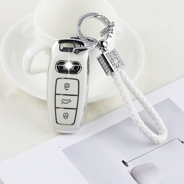 PIFOOG Vit nyckelbricka fodral för Audi tillbehör 3 knappar mjuk TPU nyckelfodral skal bling nyckelband skydd flickaktig kvinnor