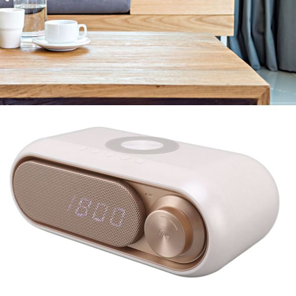 Trådlös laddning Bluetooth-högtalare LED digital väckarklocka FM-radio Bluetooth-högtalare med trådlös laddare vit spray guld 10W