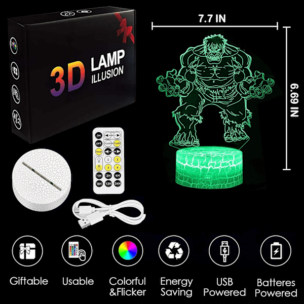 Hulk Leksaker för Pojkar, 3D Illusionslampa Gåvor för Rum Dekoration Barnkammare, Coola Marvel Leksaker Födelsedagspresenter & 7 Färger Byter Leksaker för Pojkar eller Barn (A)