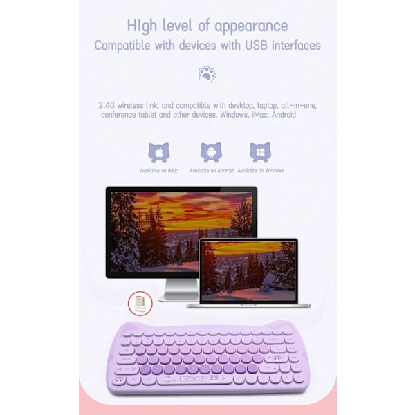 Sød Kat 2.4G USB Trådløst Tastatur og Mus Combo, Skrivemaskine Fleksible Taster, Slikfarver, Kompatibel med Notebook, PC Purple
