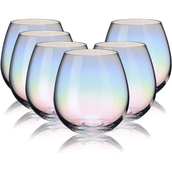 Set med 6 stjälklösa vinglas, iriserande vinglas för rött eller vitt vin, 15 ounce Iridescent NO