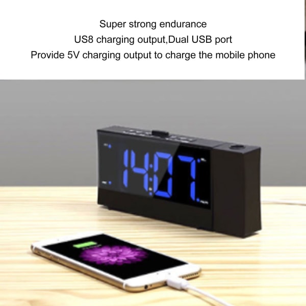 LED-projektionsväckarklocka Multifunktion Dubbel Hög Ljudlarm Klocka FM-radio med Dubbel USB-port för Sovrum