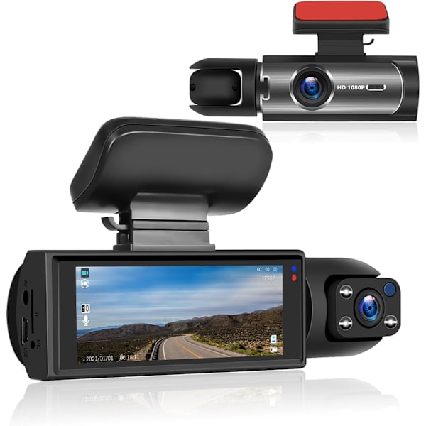 3,16 tums Dash Cam fram och inuti med exponeringskompensation/nattseende/dubbelinspelning/loopinspelning/32G TF-kort