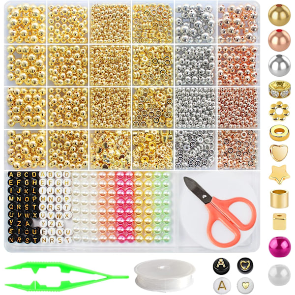 2400 stk gullperler for armbåndssett, mellomperlesett med gullbokstaver for smykkefremstilling, gave til jenter