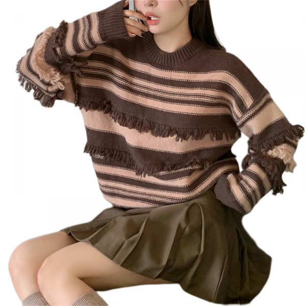 Dam Fashion Långärmad Randig Färgblock Stickad Tröja Rund Hals Lös Pullover Jumper Toppar