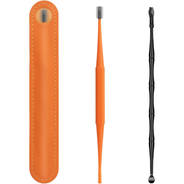 Q Grips Öronvaxavlägsningssats Öronrengörare 2 st Öronborttagare Plockverktyg Set Återanvändbar Mjuk Silikon med Utsökt Läderfodral för Äldre Vuxna Barn Orange
