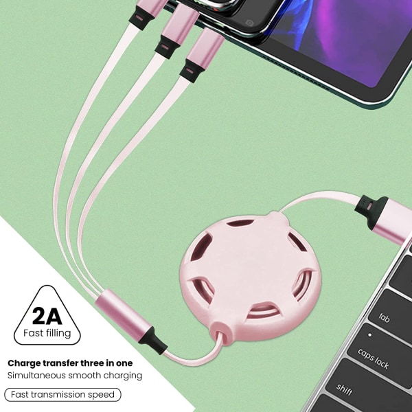 3 in 1 universal sisäänvedettävä USB -latauskaapeli, 3,3 Ft/1M, 2A (IP+C-tyyppi+mikro-USB) - vaaleanpunainen
